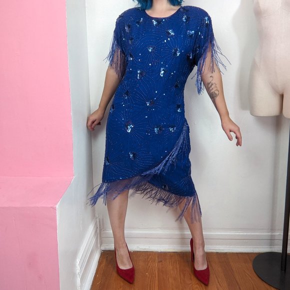 Vintage 80s Blue Sequin & Beaded Fringe Party Dress - Picture 2 of 10